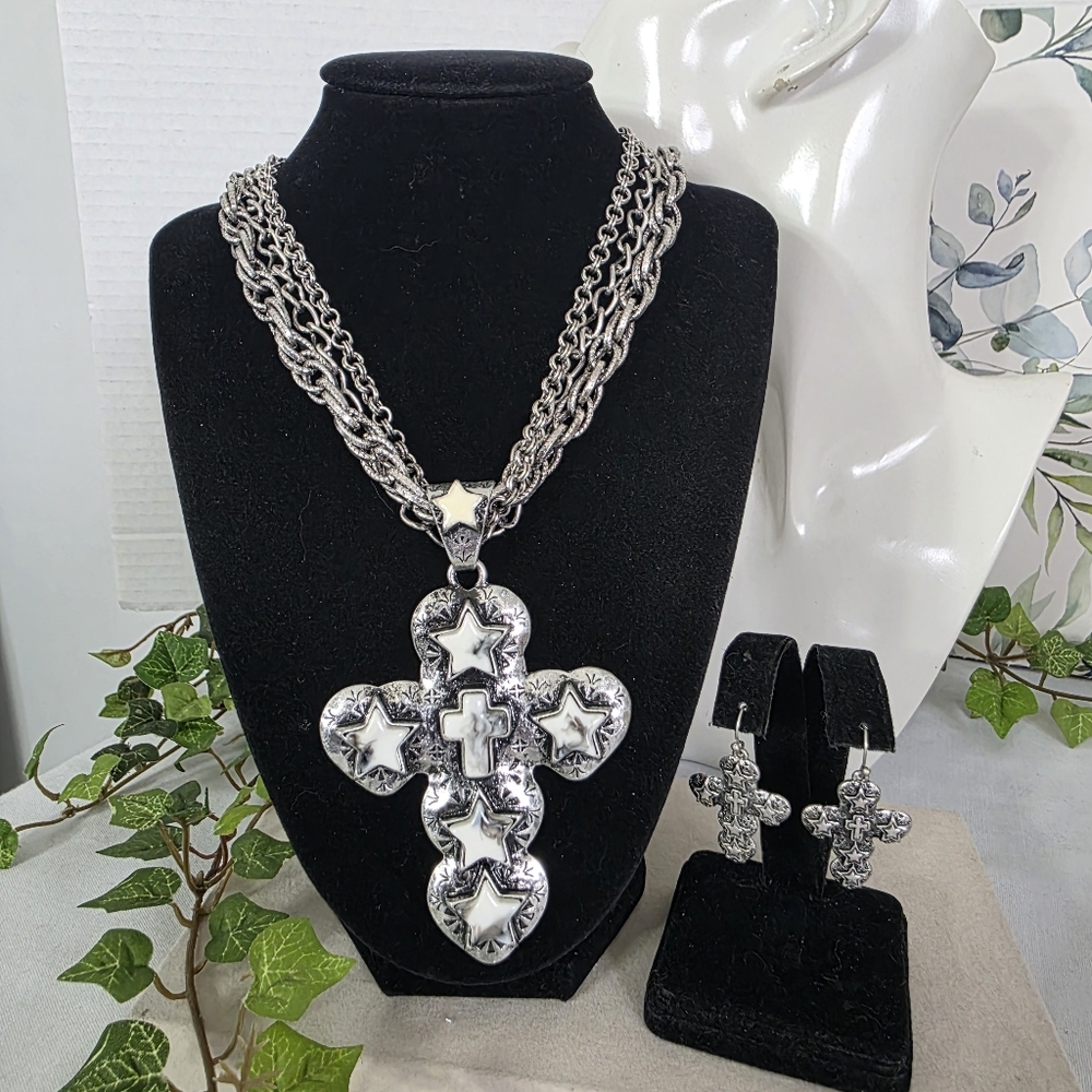 Statement Silver Multi Chain Necklace with Large Cross Pendant & Earrings Set - Picture 1 of 13